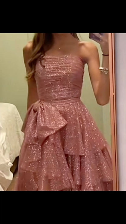 Fancy High Low Strapless Pink Sequin Long Prom Dresses Evening Dress HZ1024