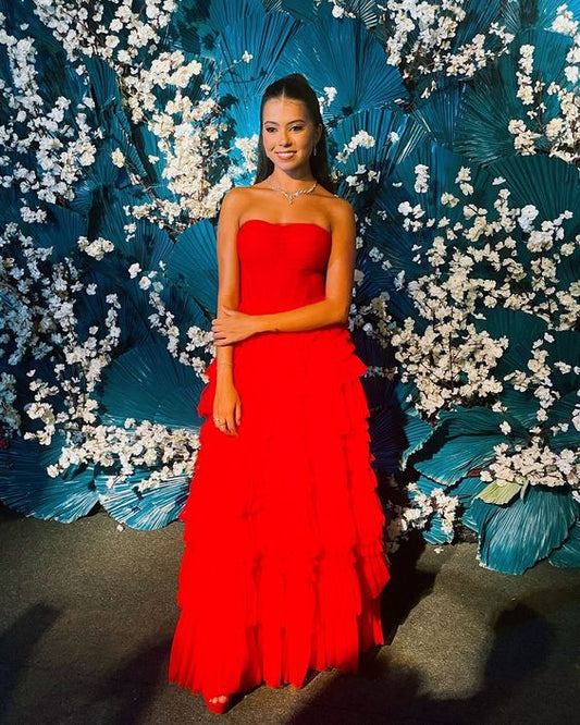 Fancy A Line Strapless Red Tulle Long Prom Dresses Ruffles Evening Dress HZ1024