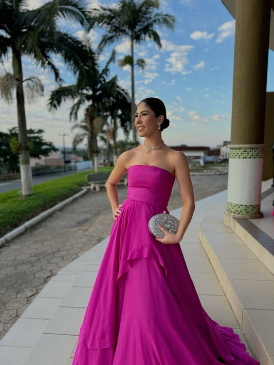 Fancy A Line Strapless Satin Long Prom Dresses Ruffles Evening Dress HZ1024