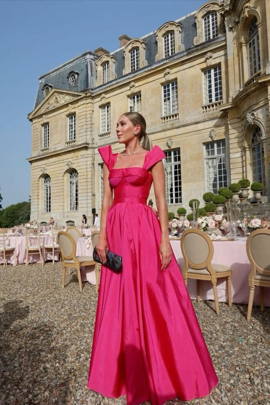 Fancy A Line Straps Hot Pink Satin Long Prom Dresses Ruffles Evening Dress HZ1024