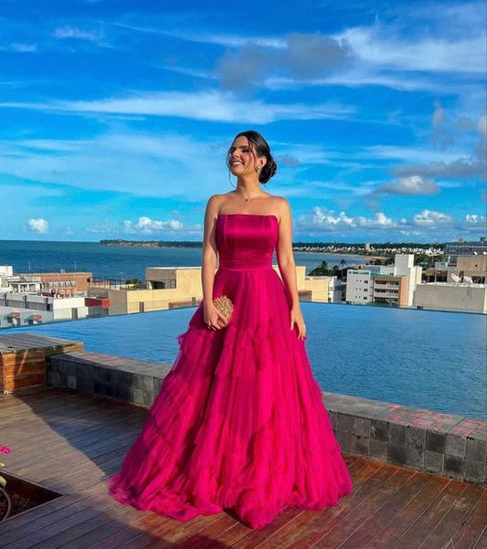 Classy Ball Gown Strapless Tulle Long Prom Dresses Evening Dress With Ruffles HZ1024