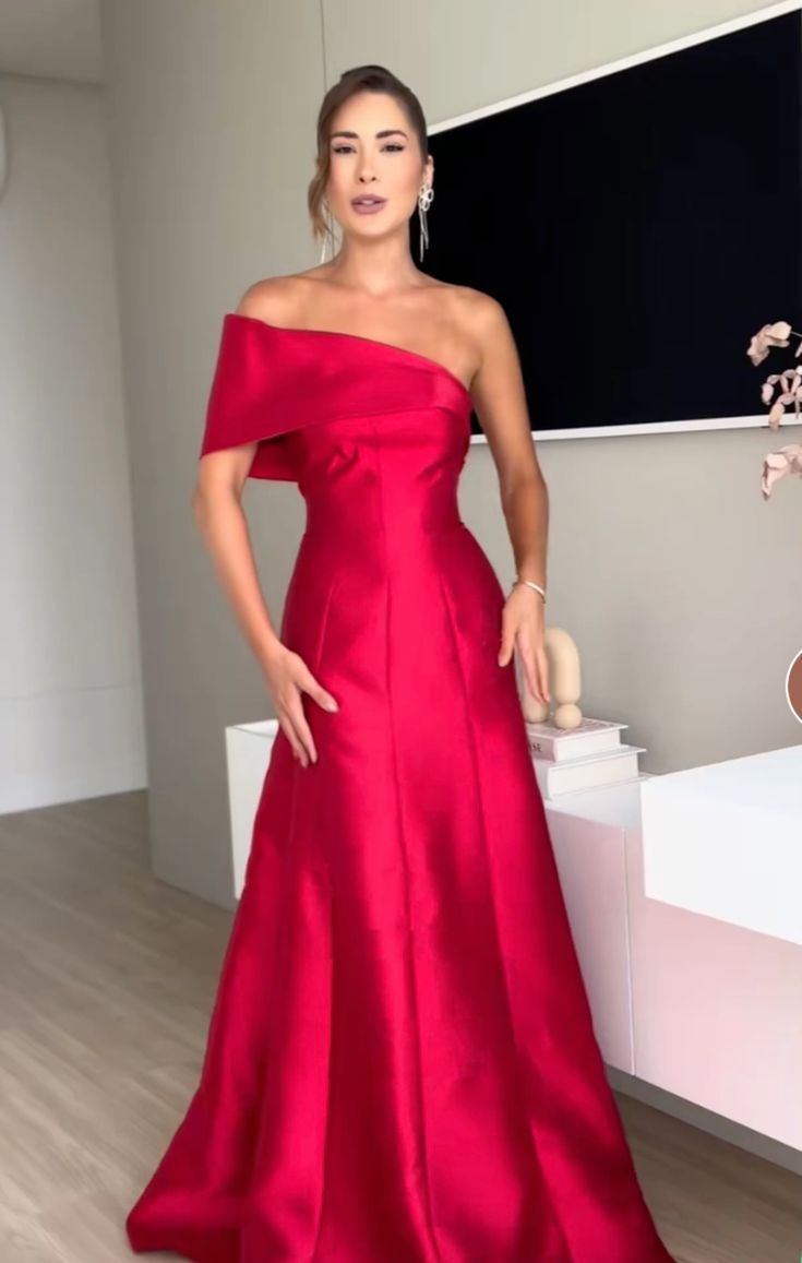 Classy A line One Shoulder Red Satin Long Prom Dresses Evening Dress HZ1024
