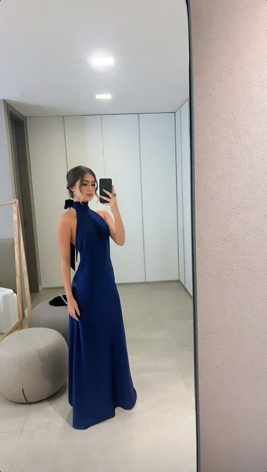Classy A line High Neckline Streachable Satin Navy Blue Long Prom Dresses Evening Dress HZ1024