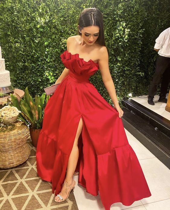 Classy A line Strapless Red Satin Slit Long Prom Dresses Evening Dress HZ1024