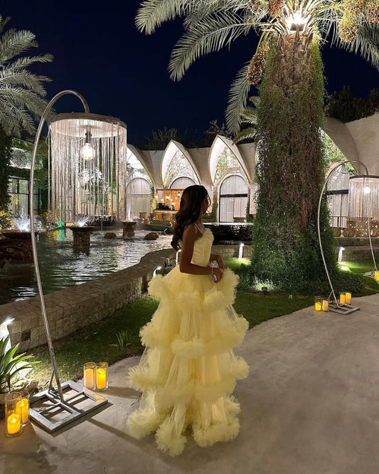 Cute Ball Gown Spaghetti Straps Yellow Tulle Layers Prom Dresses Evening Dress HZ1024