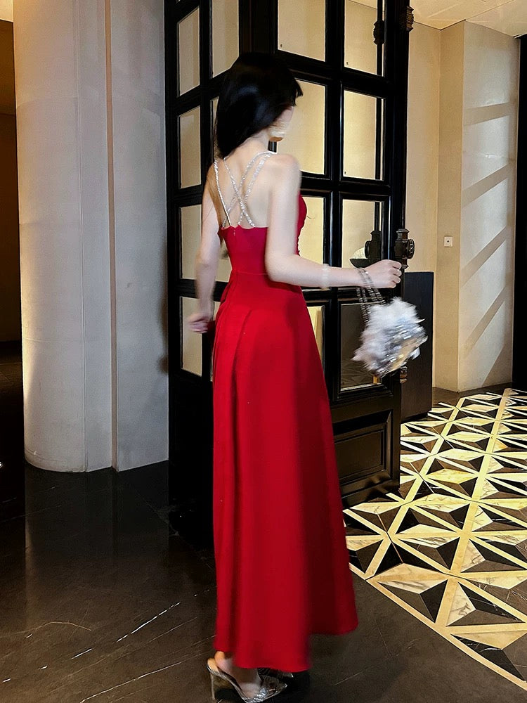 Pretty A line Straps Red Long Satin Prom Dresses Formal Evening Dress HZ1024