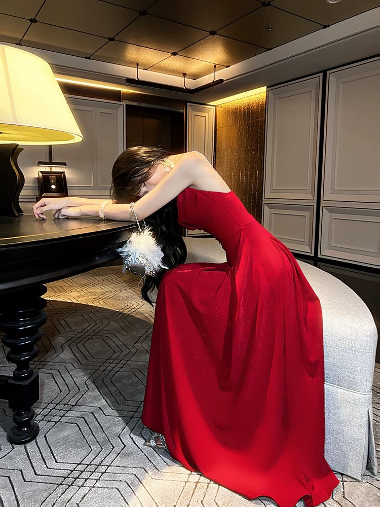 Pretty A line Straps Red Long Satin Prom Dresses Formal Evening Dress HZ1024