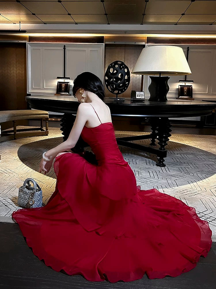 Gorgeous Sheath Spaghetti Straps Red Long Prom Dresses Evening Dress HZ1024