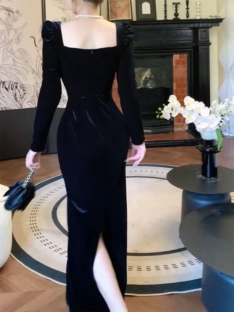 Pretty Sheath Square Neckline Black Velvet Long Sleeves Prom Dresses Formal Evening Dress HZ1024