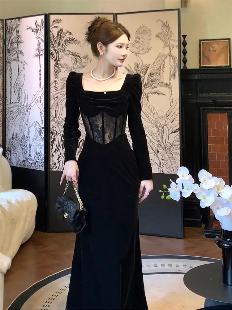 Pretty Sheath Square Neckline Black Velvet Long Sleeves Prom Dresses Formal Evening Dress HZ1024