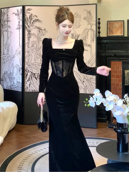 Pretty Sheath Square Neckline Black Velvet Long Sleeves Prom Dresses Formal Evening Dress HZ1024