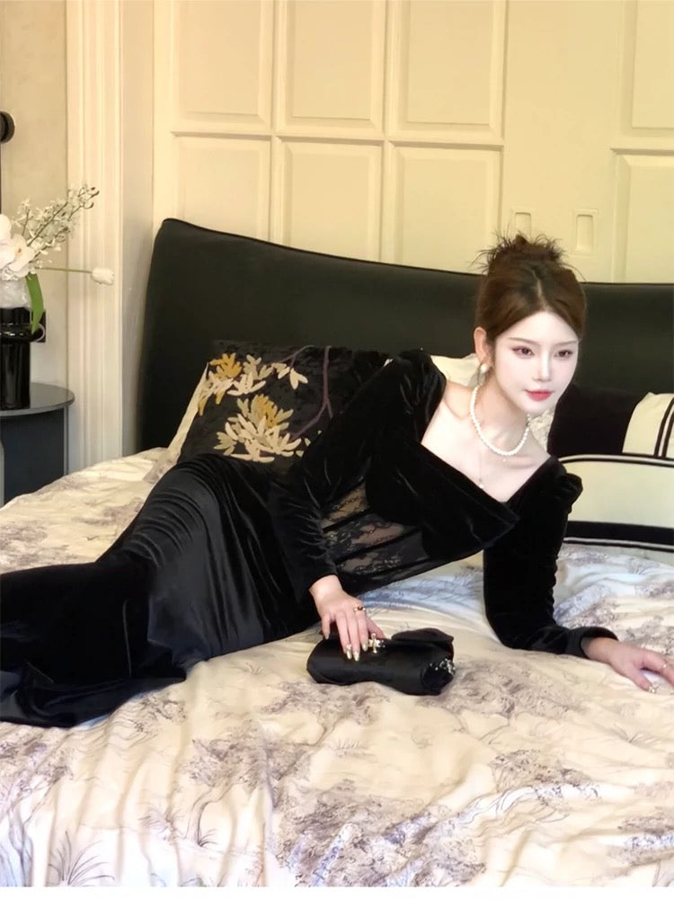 Pretty Sheath Square Neckline Black Velvet Long Sleeves Prom Dresses Formal Evening Dress HZ1024