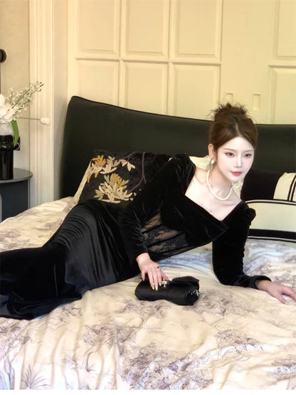Pretty Sheath Square Neckline Black Velvet Long Sleeves Prom Dresses Formal Evening Dress HZ1024