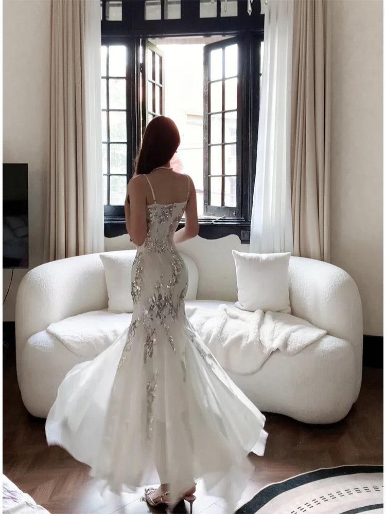 Gorgeous Mermaid Spaghetti Straps White Long Sequin Prom Dresses Evening Dress HZ1024