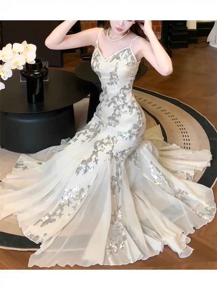 Gorgeous Mermaid Spaghetti Straps White Long Sequin Prom Dresses Evening Dress HZ1024