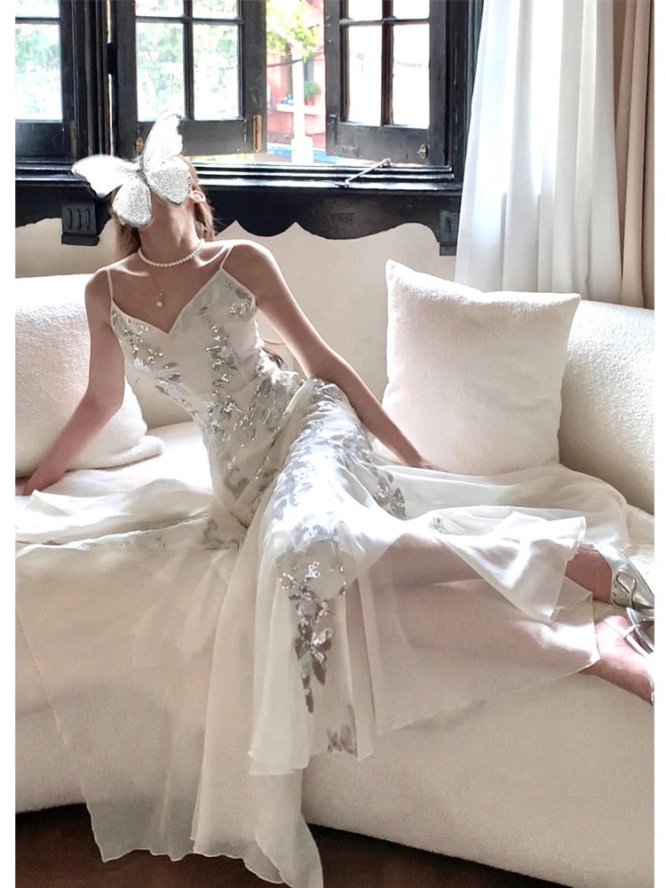 Gorgeous Mermaid Spaghetti Straps White Long Sequin Prom Dresses Evening Dress HZ1024