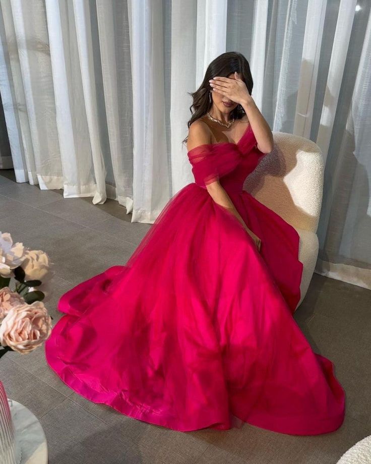 Fancy Off the Shoulder Hot Pink A-Line Evening Prom Dress HZ1024