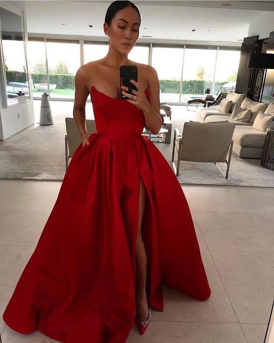Fancy Strapless A-line Red Satin Prom Dress High Slit Women Evening Gowns HZ1024