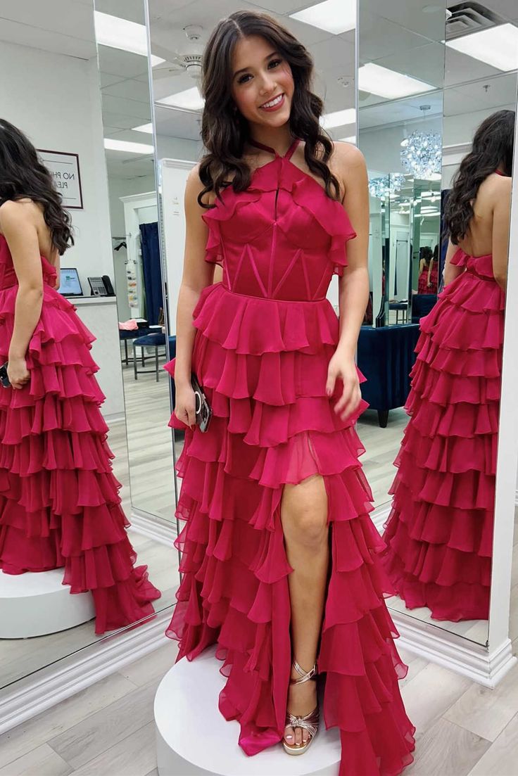 Fancy Halter Keyhole Ruffle Tiered Prom Dress with Slit Evening Gowns HZ1024