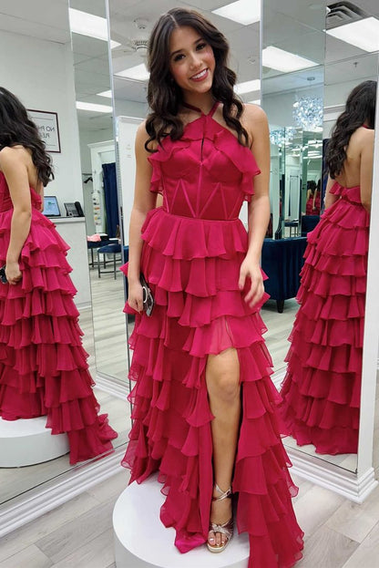 Fancy Halter Keyhole Ruffle Tiered Prom Dress with Slit Evening Gowns HZ1024