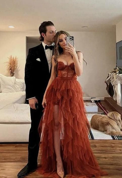Pretty A line Sweetheart Rust Red Lace Ruffles Layers Tulle Prom Dresses Formal Evening Dress HZ1024
