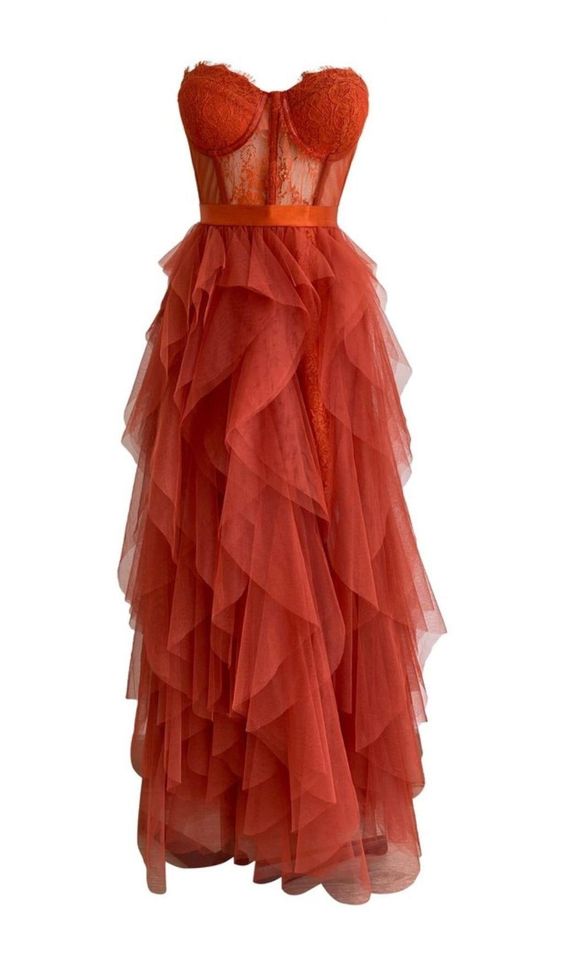 Pretty A line Sweetheart Rust Red Lace Ruffles Layers Tulle Prom Dresses Formal Evening Dress HZ1024