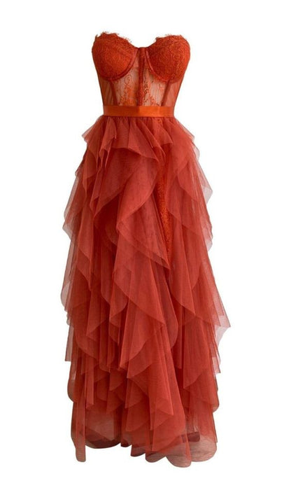 Pretty A line Sweetheart Rust Red Lace Ruffles Layers Tulle Prom Dresses Formal Evening Dress HZ1024