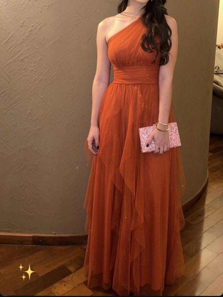 Pretty A line One Shoulder Tulle Rust Orange Long Prom Dresses Formal Evening Dress HZ1024
