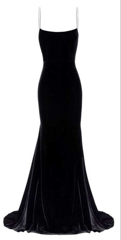 Elegant Mermaid Spaghetti Straps Velvet Black Prom Dresses Long Evening Dress HZ1024