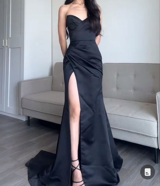 Pretty Sheath Sweetheart Slit Black Satin Prom Dresses Evening Dress HZ1024