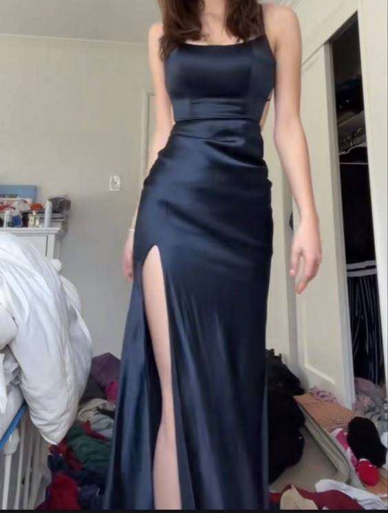 Sexy Sheath Spaghetti Straps Black Slit Long Prom Dresses Evening Dress HZ1024