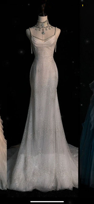 Sexy Mermaid Spaghetti Straps Sequin Long Silver Prom Dresses Evening Dress HZ1024