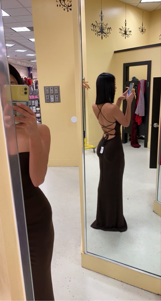 Pretty Mermaid Spaghetti Straps Backless Brown Long Prom Dresses Evening Dress HZ1024