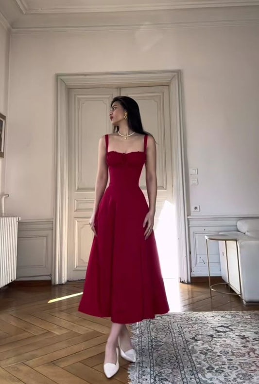 Pretty A line Spaghetti Straps Burgundy Tea Length Prom Dresses Evening Dress HZ1024