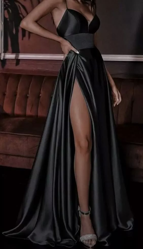 Pretty A line Spaghetti Straps Black Satin Slit Long Prom Dresses Evening Dress HZ1024
