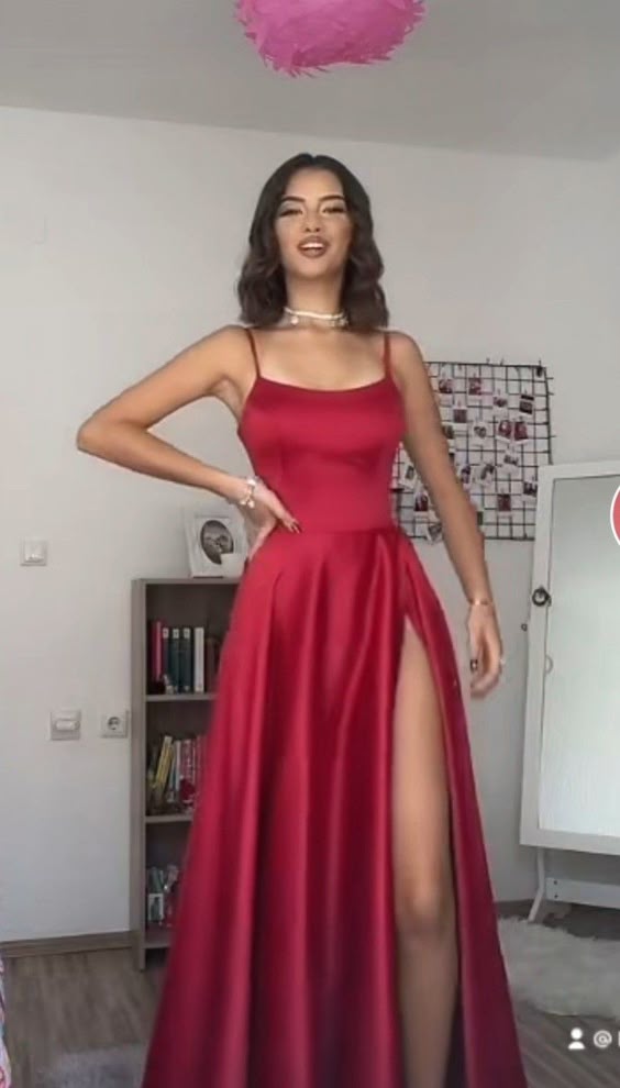 Pretty A line Spaghetti Straps Red Satin Slit Long Prom Dresses Evening Dress HZ1024