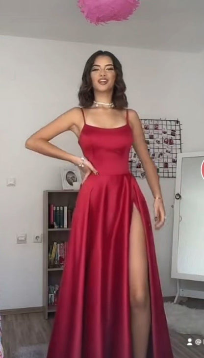 Pretty A line Spaghetti Straps Red Satin Slit Long Prom Dresses Evening Dress HZ1024