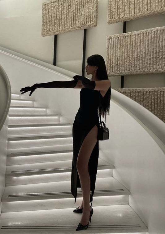Modest Sheath Strapless Black Satin Slit Prom Dresses Evening Dress HZ1024
