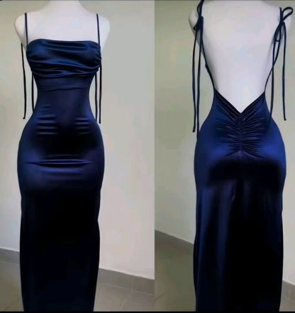 Modest Sheath Spaghetti Straps Navy Blue Satin Prom Dresses Evening Dress HZ1024
