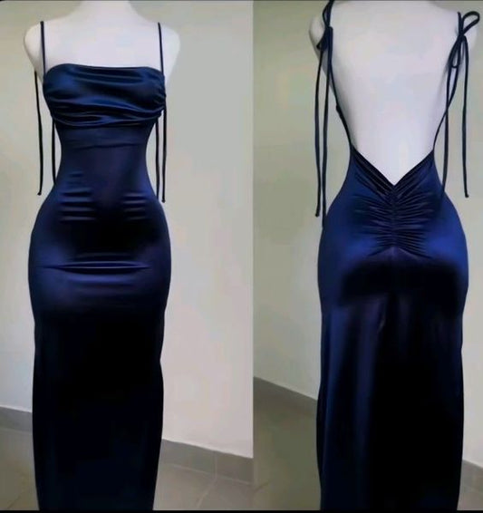 Modest Sheath Spaghetti Straps Navy Blue Satin Prom Dresses Evening Dress HZ1024
