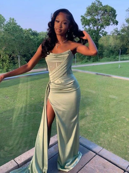 Modest Mermaid Strapless Mint Green Long Satin Slit Prom Dresses Evening Dress HZ1024