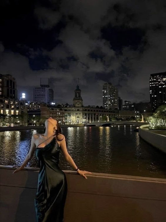 Modest Sheath One Shoulder Straps Sleeveless Black Satin Prom Dresses Evening Dress HZ1024