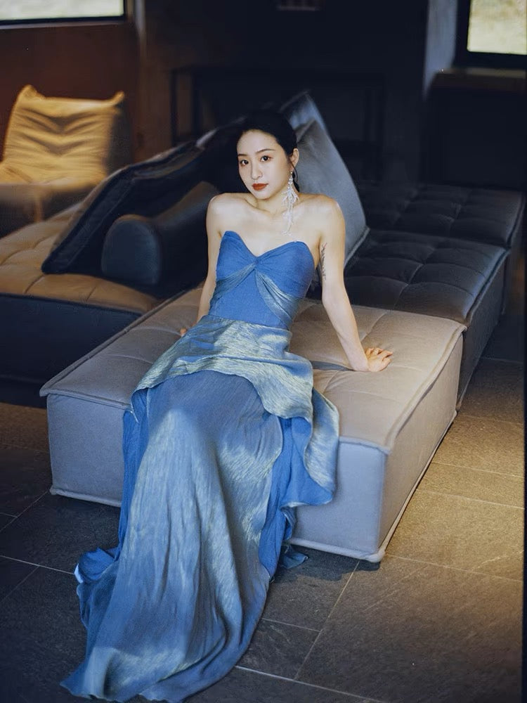 Modest A Line Sweetheart Blue Fold Slit Prom Dresses Long Evening Dress HZ1024