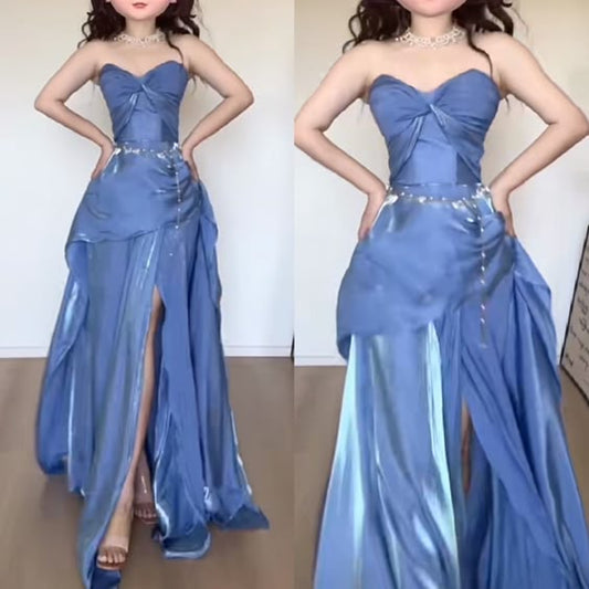Modest A Line Sweetheart Blue Fold Slit Prom Dresses Long Evening Dress HZ1024