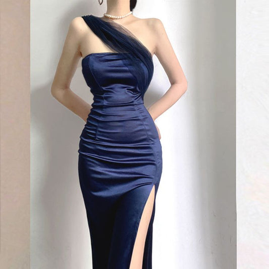 Modest Sheath One Shoulder Sleeveless Navy Blue Slit Satin Prom Dresses Long Evening Dress HZ1024