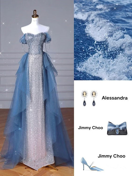Elegant Sheath Off The Shoulder Blue Sequin Prom Dresses Long Evening Dress HZ1024