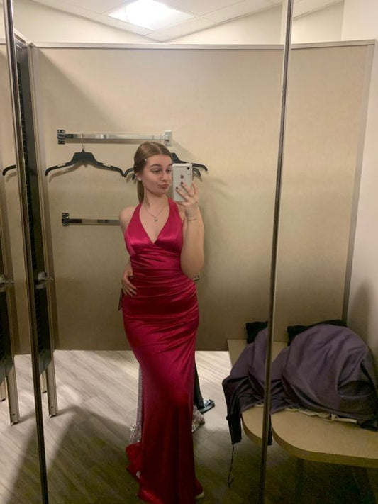 Elegant Sheath Halter Satin Backless Prom Dresses Long Evening Dress HZ1024