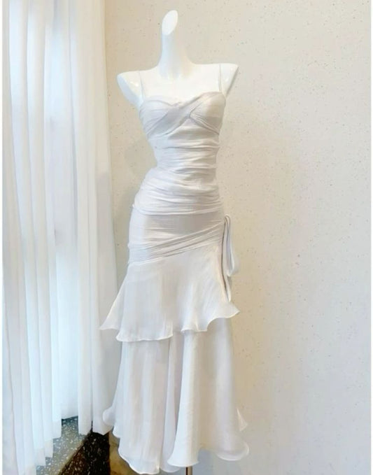 Elegant Sheath Straps Sleeveless White Prom Dresses Long Evening Dress HZ1024
