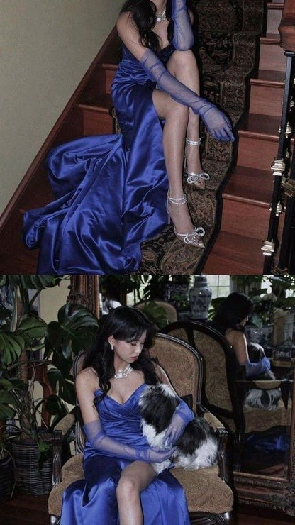 Elegant Sheath Sweetheart Sleeveless Blue Satin Slit Prom Dresses Long Evening Dress HZ1024