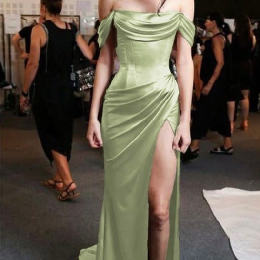 Elegant Sheath Off The Shoulder Mint Green Slit Prom Dresses With Ruffle Long Evening Dress HZ1024